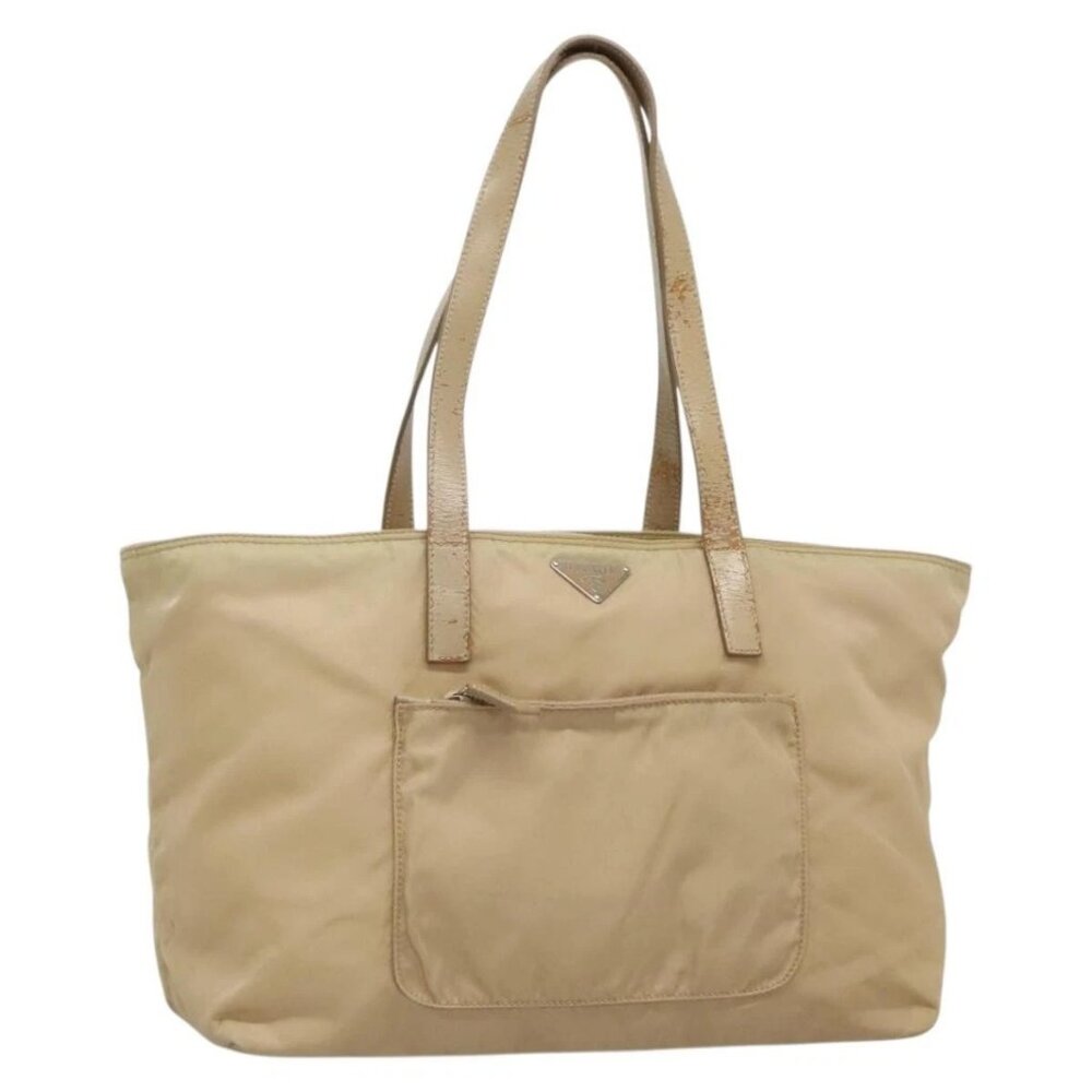 PRADA Tote Bag Nylon Beige Silver Auth bs27839